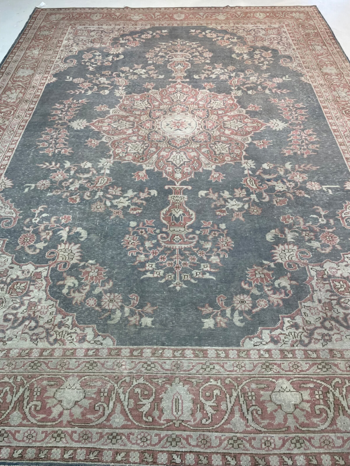 Antique Oriental Hand-Knotted Wool Area Rug Turkish Oushak Blue/Red 8'8" x 11'1" gallery