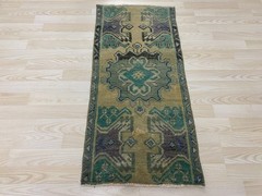 Antique Turkish Rug 1.5×3.3 ft Vintage Muted Green Purple Carpet Wool Boho Mat