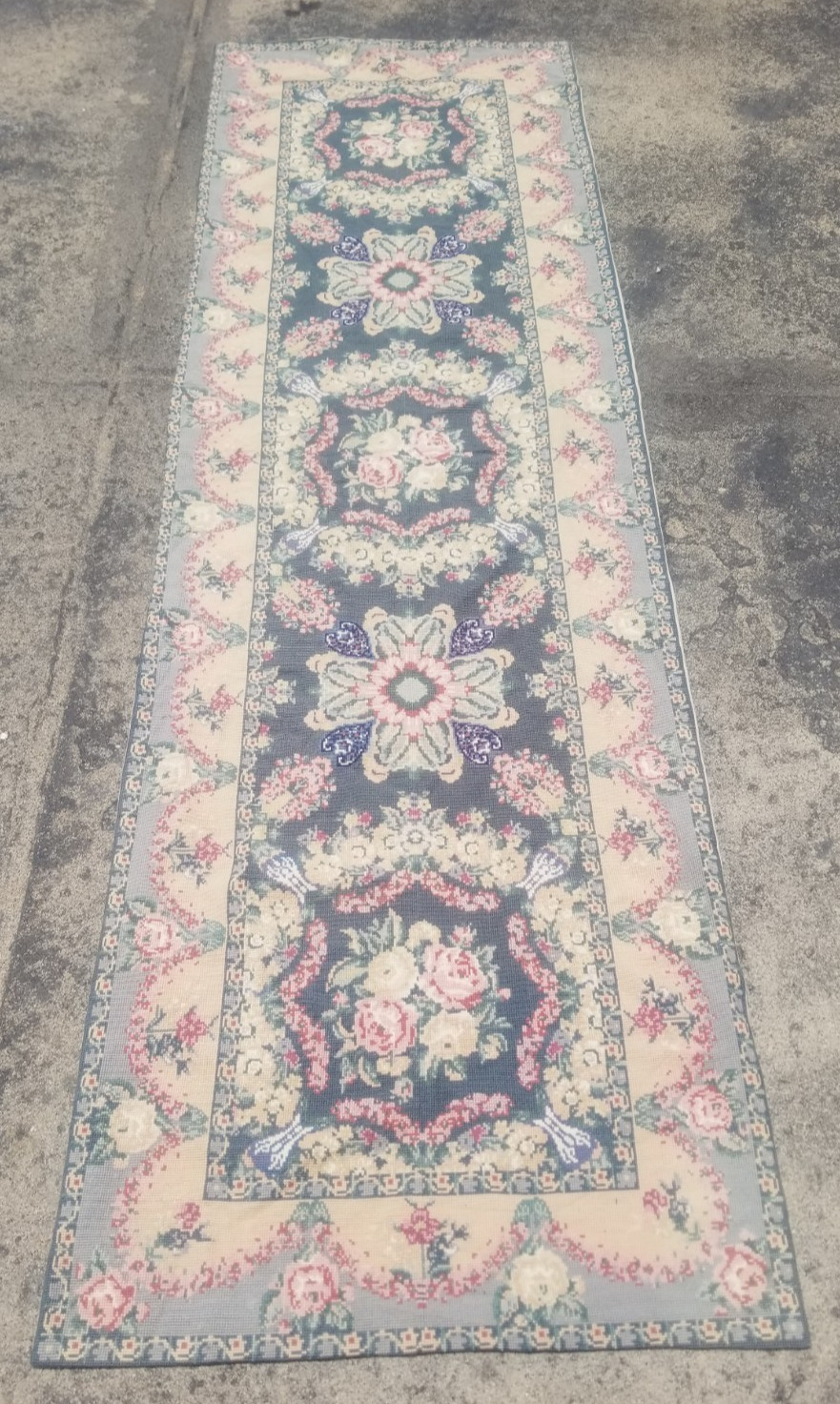 Vintage French Floral Needlepoint Handmade Multicolor Rug Wool Carpet 237x72 cm gallery
