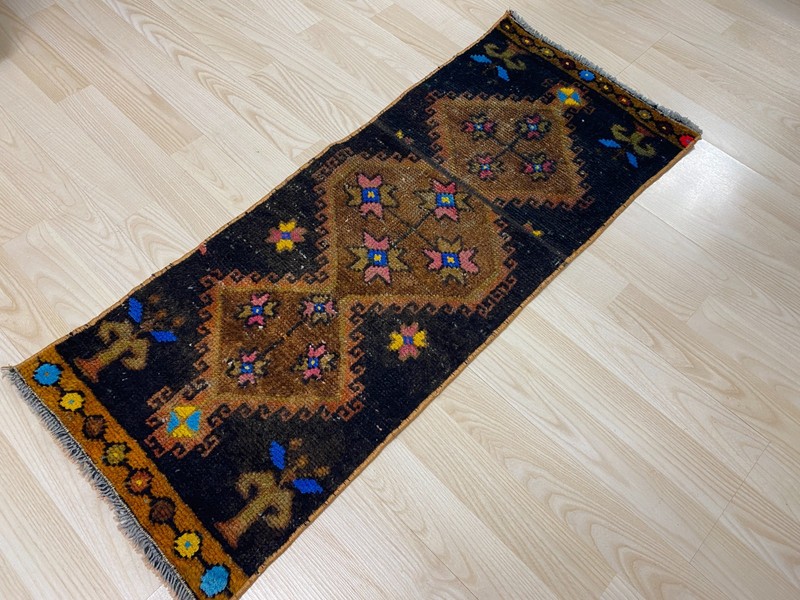 Vintage Patchwork Rug 1.3x3.2 ft Antique Geometric Medallion Dark Tribal Carpet gallery