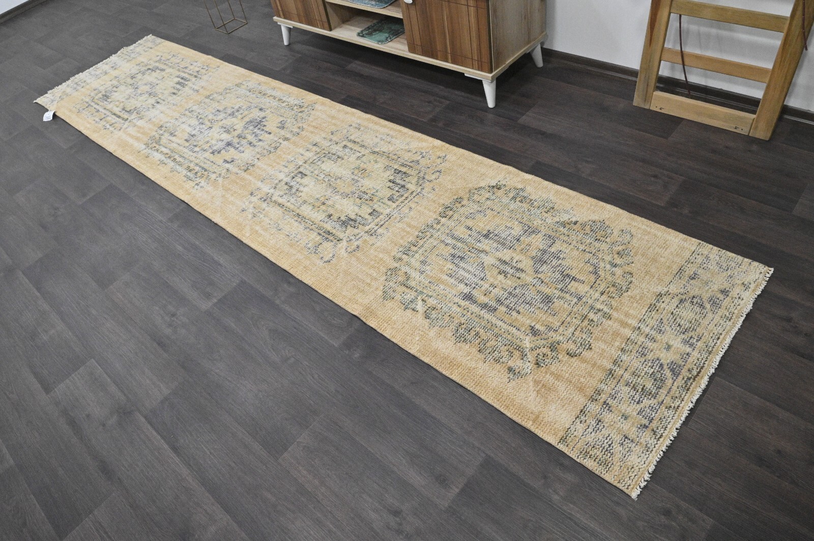 Vintage Turkish Runner Rug 3x12ft BEIGE Handmade Anatolian Oushak Hallway Wool gallery