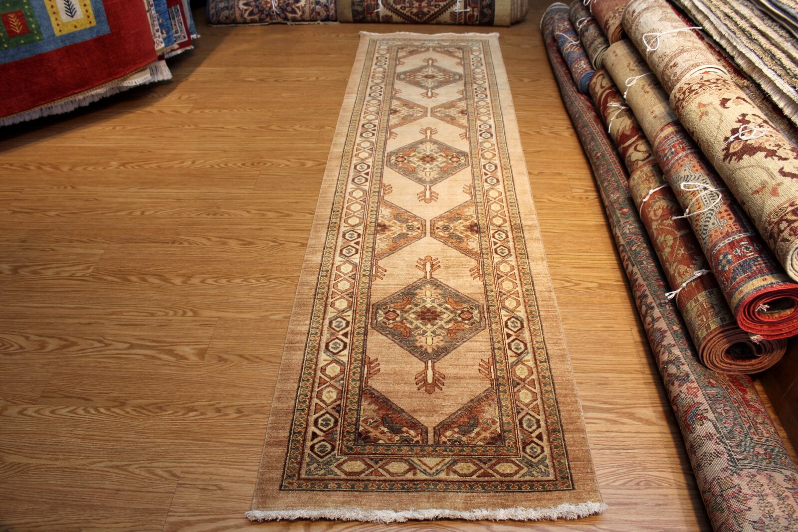 _HANDMADE_ORIENTAL_RUG 10 Ft. RUNNER VEGGIE dye Camel Salmon green *WOOL-RUG*** gallery