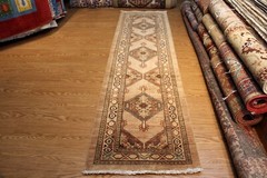 _HANDMADE_ORIENTAL_RUG 10 Ft. RUNNER VEGGIE dye Camel Salmon green *WOOL-RUG***