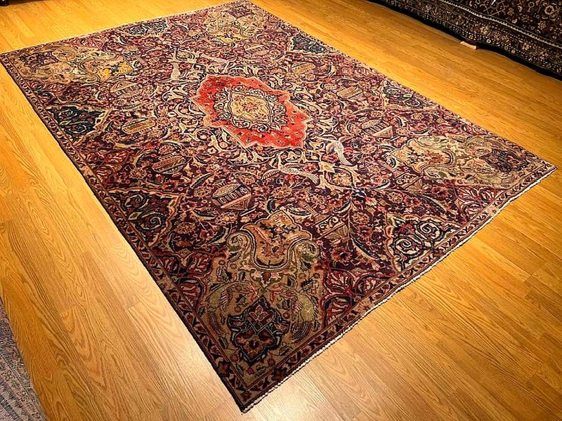 6.8 X 9.9 Ft HAND KNOTTED VINTAGE 1930S ARCHITECTURAL DESIGN PICTORIAL WOOL RUG gallery