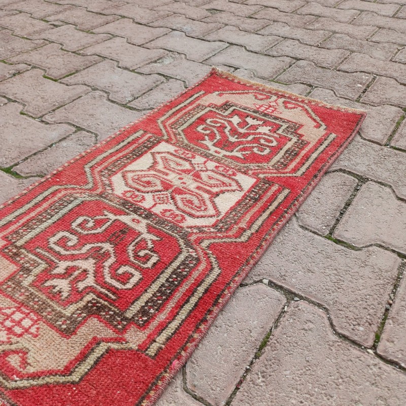 Red Beige 1x2 Vintage Turkish Wool Rug For Entryway Bedside - Tariff Free gallery