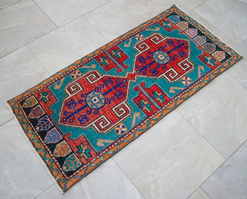 Vintage Distressed Small Area Rug Hand Knotted Oushak Rugs Yastik -1'10"x4' gallery