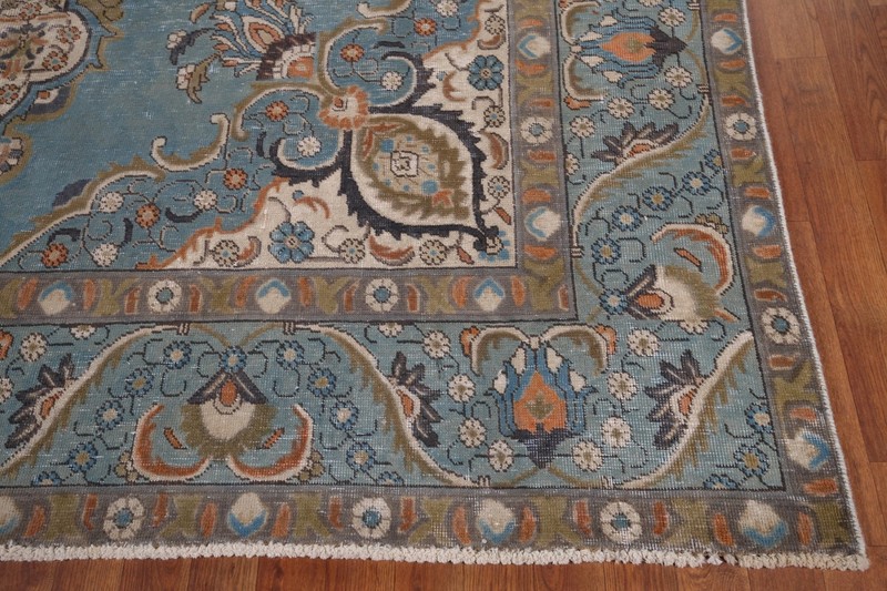 Vintage Blue Over-Dyed Tebriz Living Room Rug 8x13 Traditional Handmade Carpet gallery