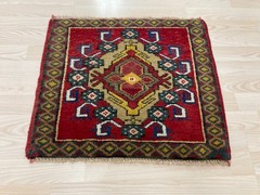 Red Vintage Turkish Square Rug, Handwoven Wool Anatolian Boho Mat, 1.7 x 2 ft
