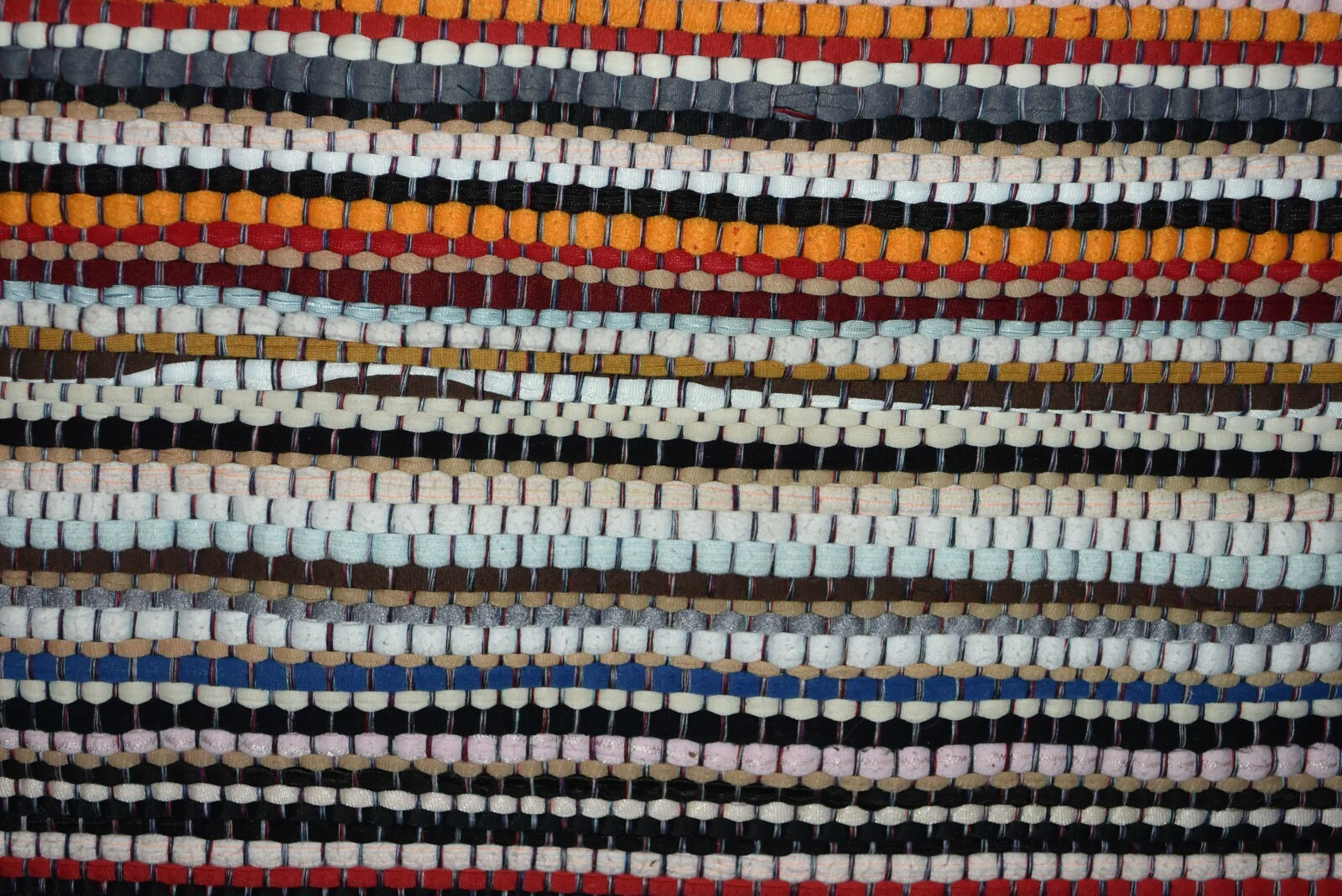 PRIMITIVE VINTAGE striped RAG RUG BLUE white red+ 44 1/2" X 24 1/2" FARM EUC gallery