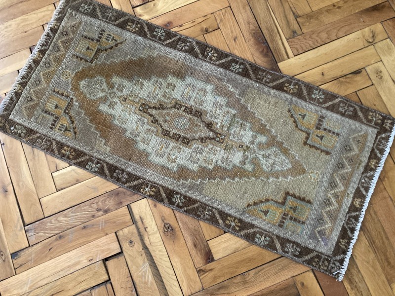Vintage Turkish Wool Bath Rug 1.4 x 3.1 Ft Brown Handwoven Oriental Small Carpet gallery