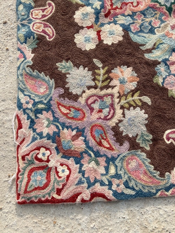 Vintage Handmade Kashmir Crewel Floral Paisley Wool Embroidered Rug 89x59 cm gallery