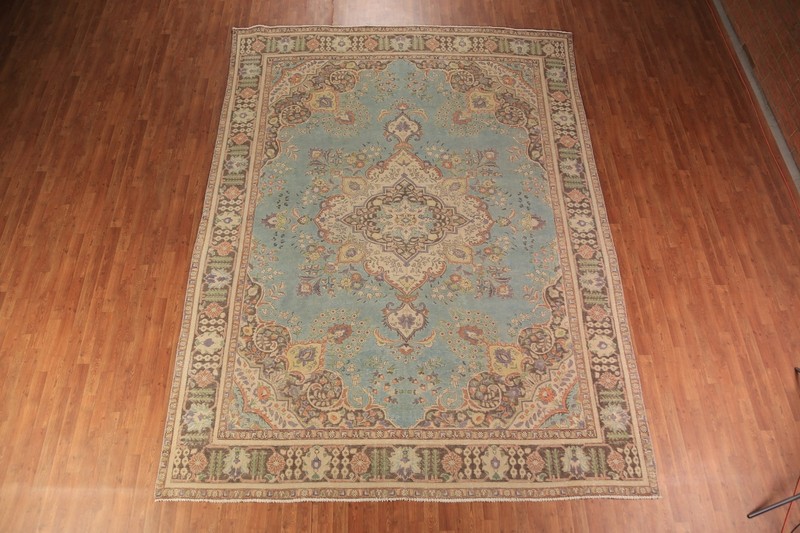 Light Blue Medallion Tebriz Traditional Hand-knotted Over-Dyed Area Rug 10x13 gallery