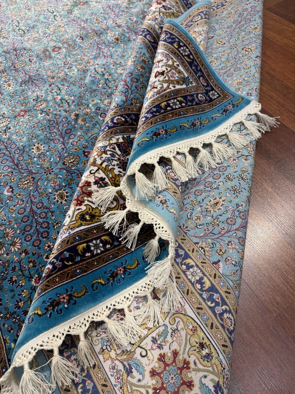 Turkish Silk Rug 7x10 ft Blue Oriental Floral 100% Silk Handmade Fringe gallery