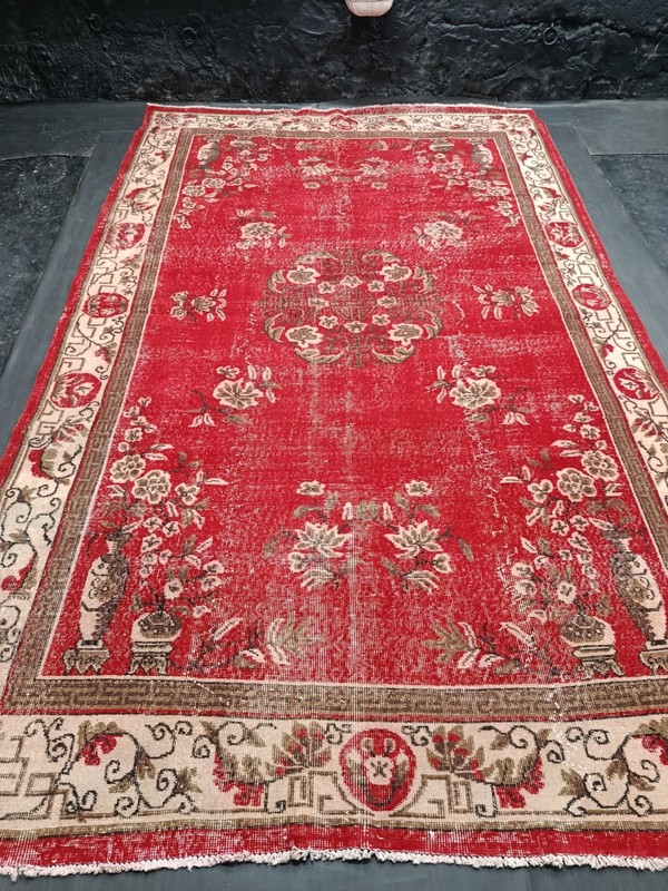 Red Vintage Turkish Living Room Rug, 6.7x10.9ft, Red Antique Floral Bordered Rug gallery