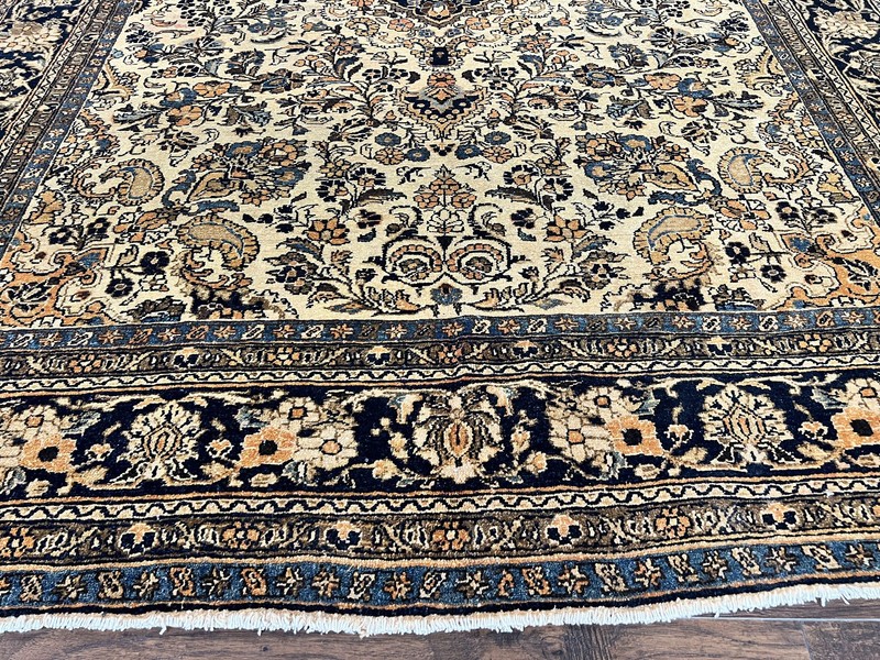 Antique Oriental Rug 9x11 Wool Handmade 1920s Carpet Cream Black Floral Allover gallery