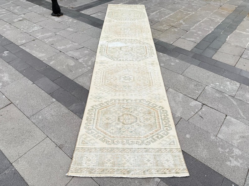 Vintage Turkish Oushak Runner Rug 2.7x12.4 ft Ivory Beige Hallway Wool gallery