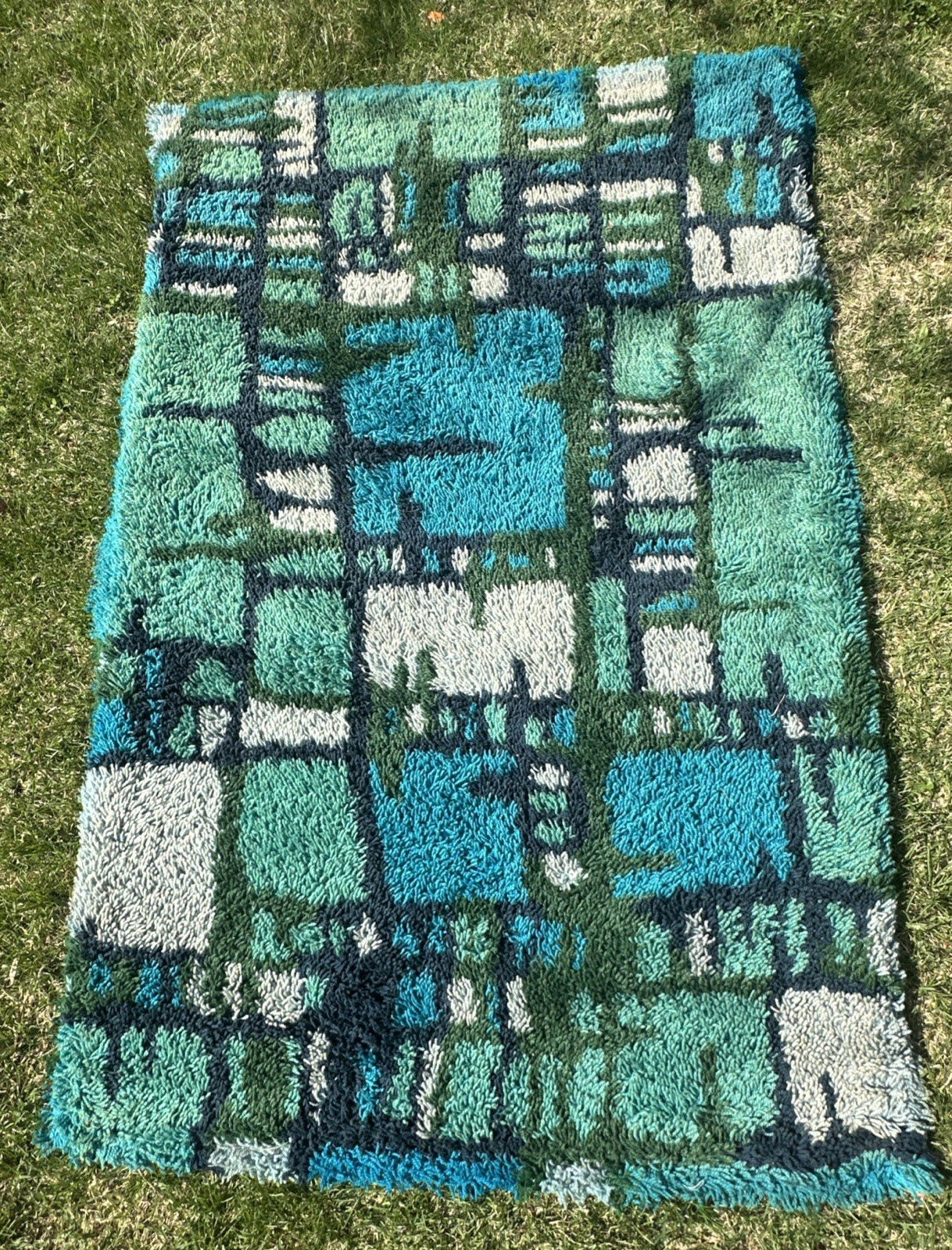 VTG 1960’s DANISH Rya Abstract Area Rug 6’x4’ Green Blue Mondrian Design Shag gallery