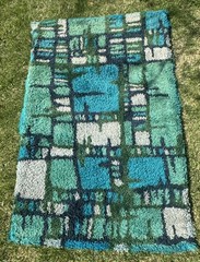 VTG 1960’s DANISH Rya Abstract Area Rug 6’x4’ Green Blue Mondrian Design Shag