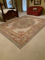 NEEDLEPOINT AUBUSSON FRENCH DESIGN RUG Colors: green, coral, yellow & beige.