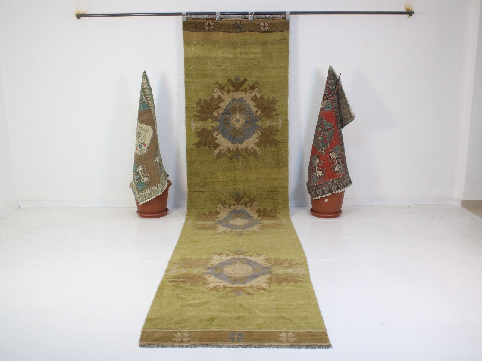 3x13 Green Runner Rug, Handmade Turkish Rug, Vintage Geometric Rug, 3.1x12.5 Ft gallery