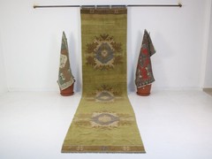 3×13 Green Runner Rug, Handmade Turkish Rug, Vintage Geometric Rug, 3.1×12.5 Ft