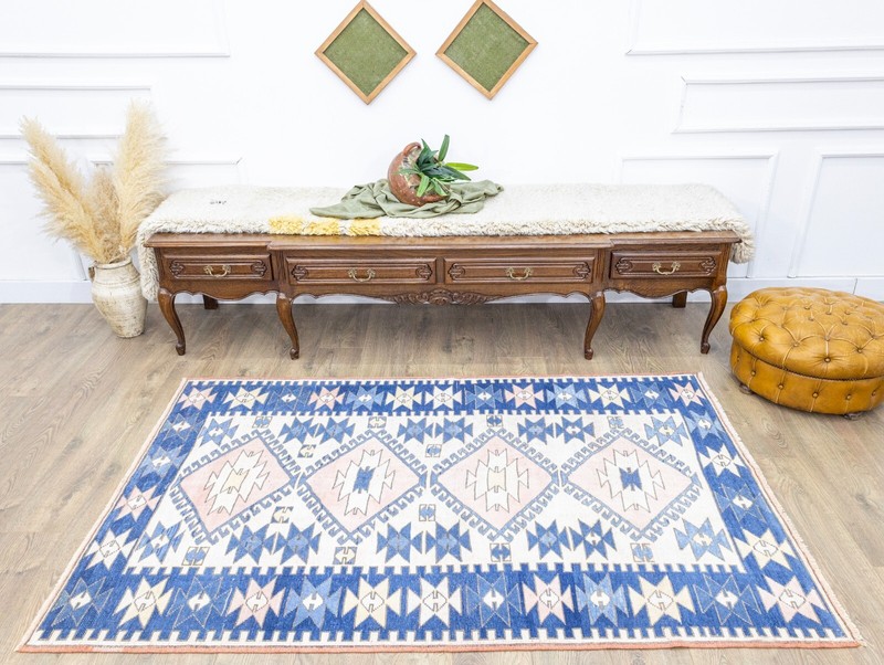 Boho Chic Vintage Turkish Geometric Rug 4.4x6.8 ft Oushak Hand-knotted Carpet gallery