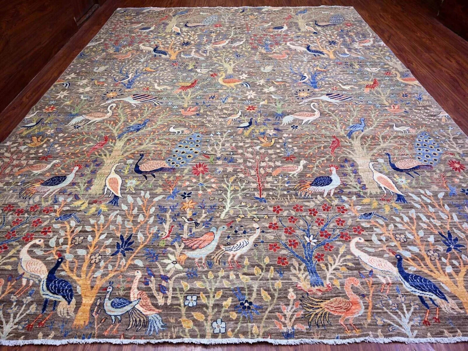 Exquisite High-End Hand-Knotted Vegy Dye Love Birds Patterned Oushak 12'x14'10" gallery