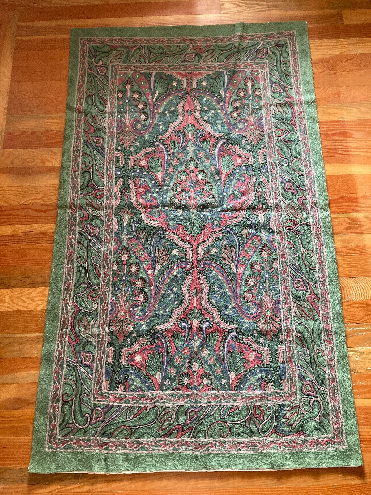 vintage chainstich rug pastel green blue pink floral paisley design gallery