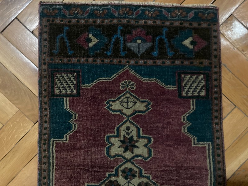 Anatolian Handmade Turkish Boho Rug 1.4x3.2 ft Vintage Purple Blue Tribal Carpet gallery