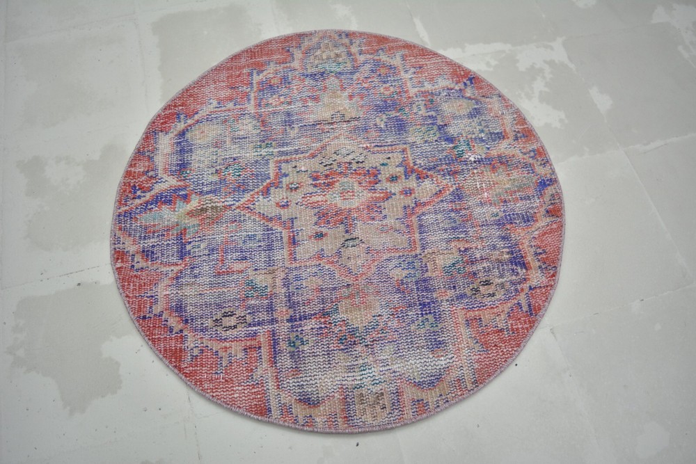 Red Vintage Handmade Rug, Round Entry Mat, 2.7x2.7ft, Red Circle Turkish Rug,
