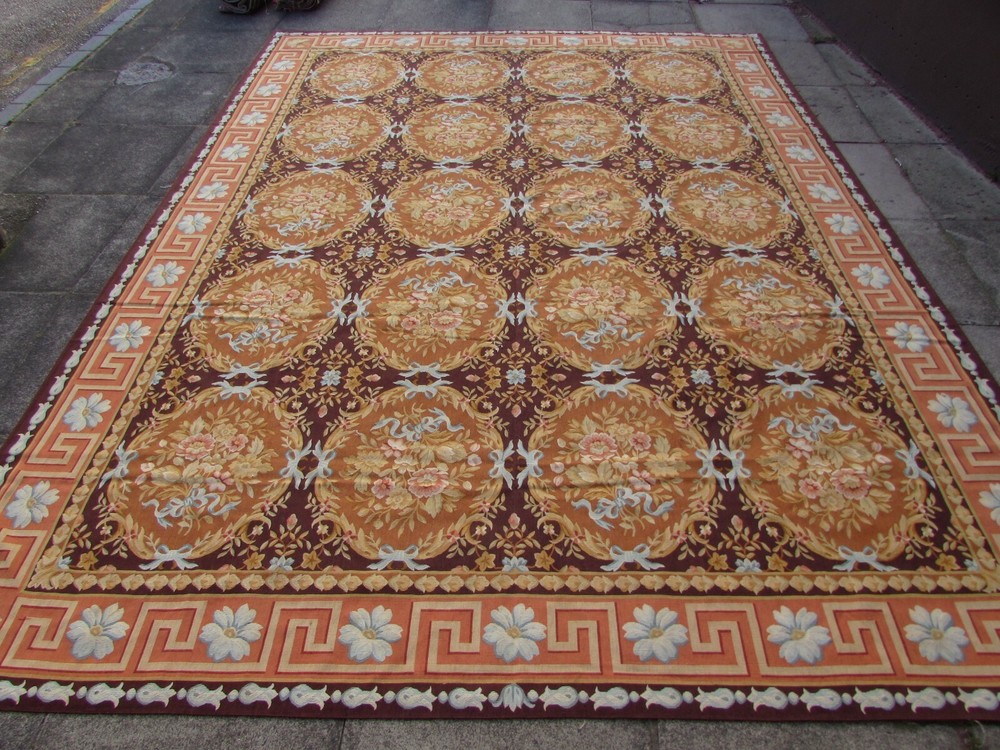 Vintage Hand Made French Design Wool Brown Gold Original Aubusson 370X272cm