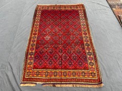 Vintage Caucasian Rug 4’9×7’9 Red Hand Knotted Distressed Low Pile Tribal Carpet
