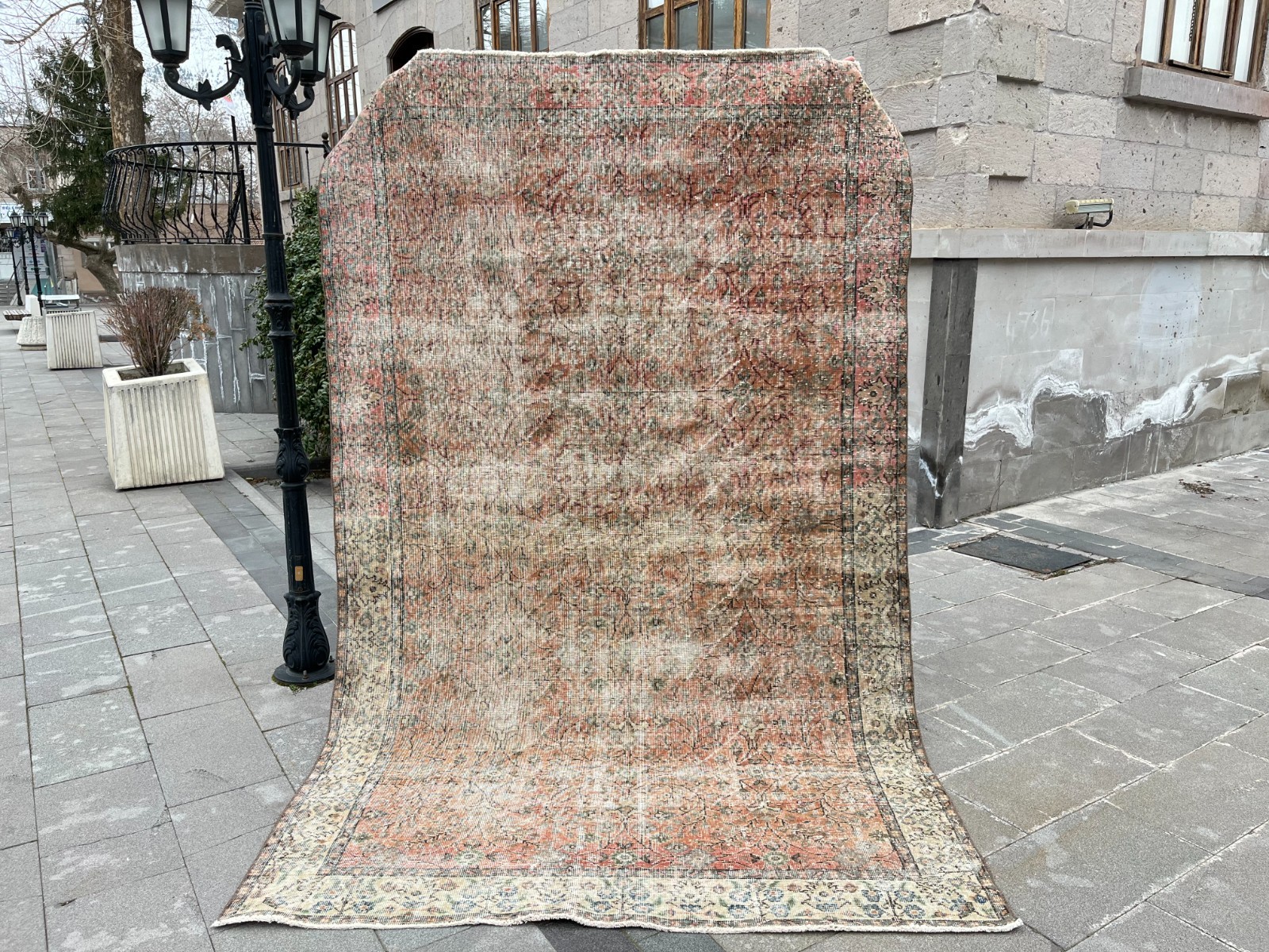 Vintage Turkish Oushak Rug 5.8x9.3 ft Distressed Beige Terracotta Wool gallery