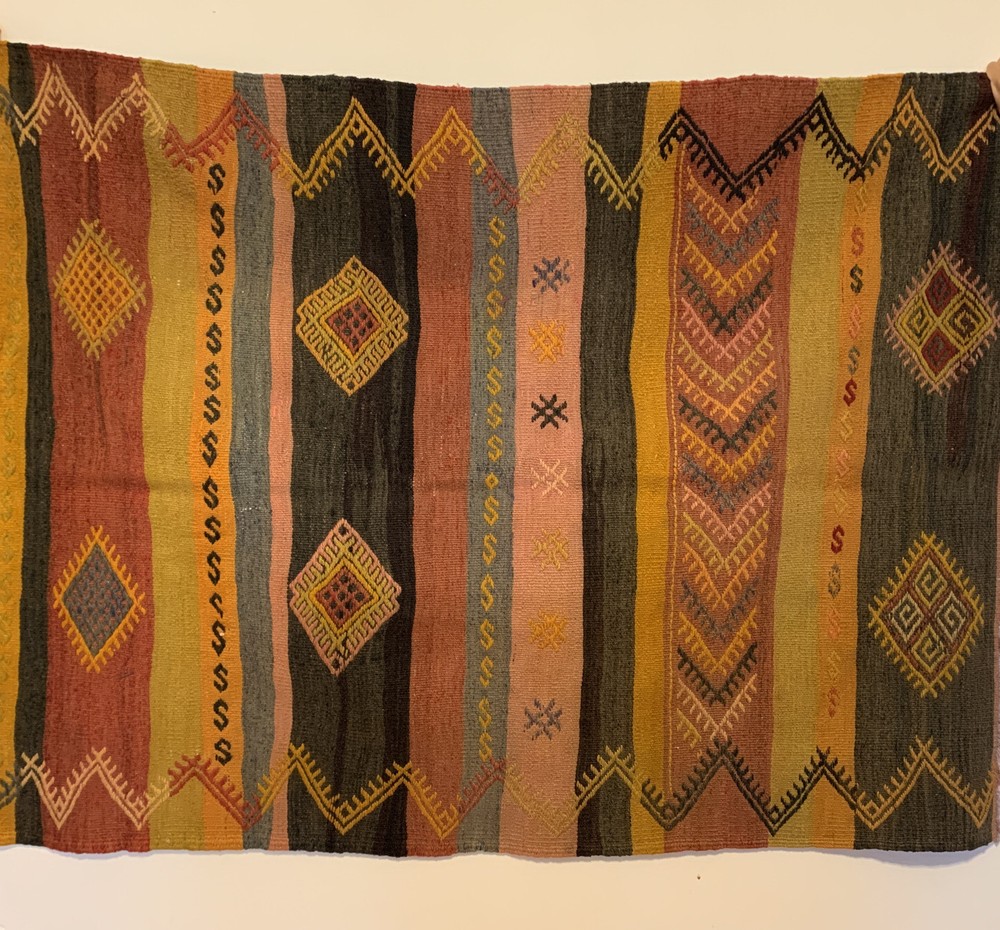 Handmade Turkish Wool Carpet Kilim Halı Black/Brown/Mustard/Pink/Gray/Blue 54x40