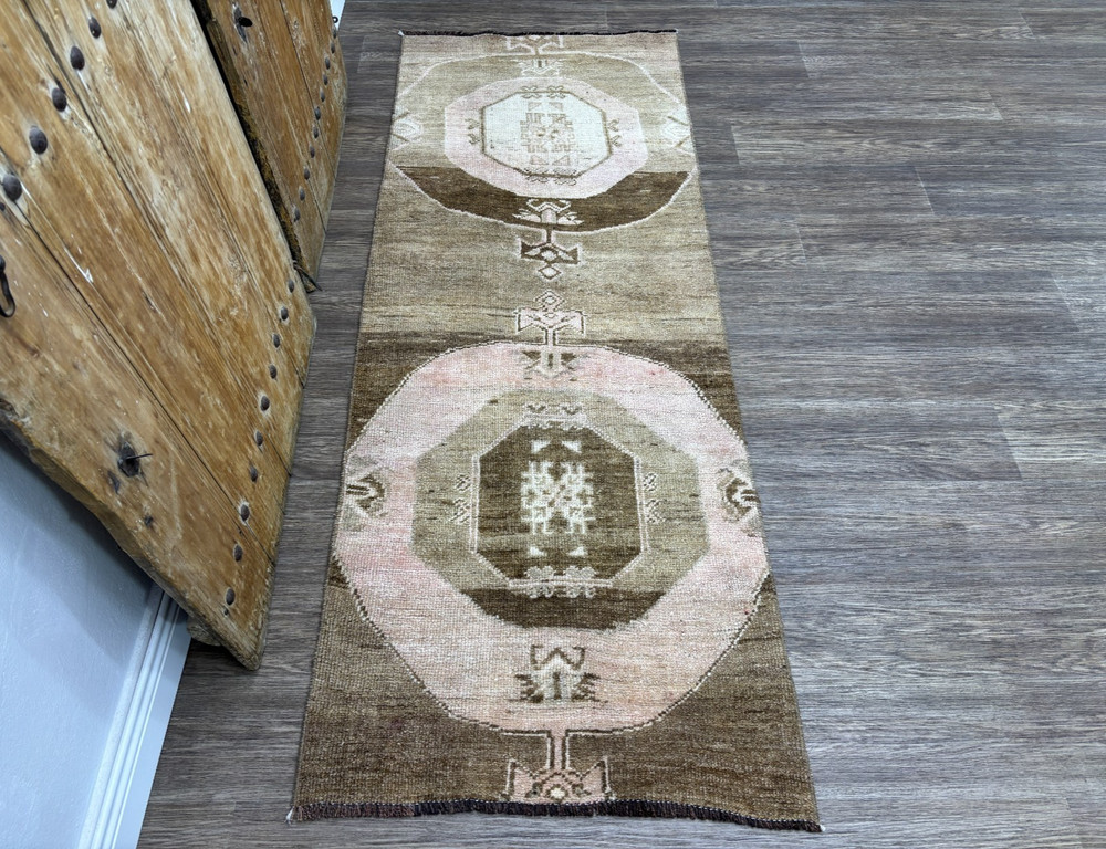 3x7 Brown Pink Vintage Turkish Runner, Hand-Knotted Wool Hallway, Entryway Rug