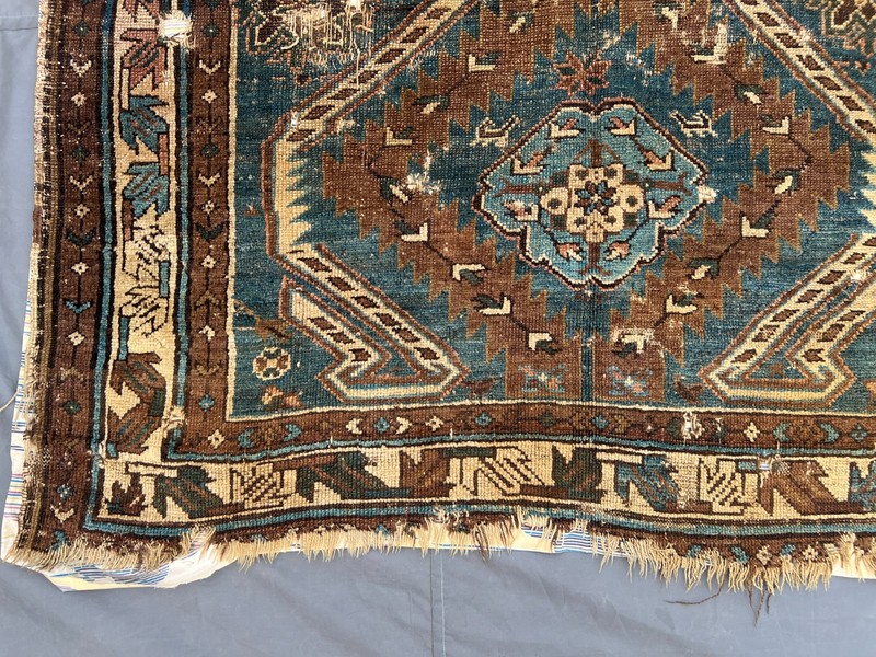 Blue Brown Distressed Low Pile Rug Hand Knotted Tribal Vintage Antique Carpet gallery