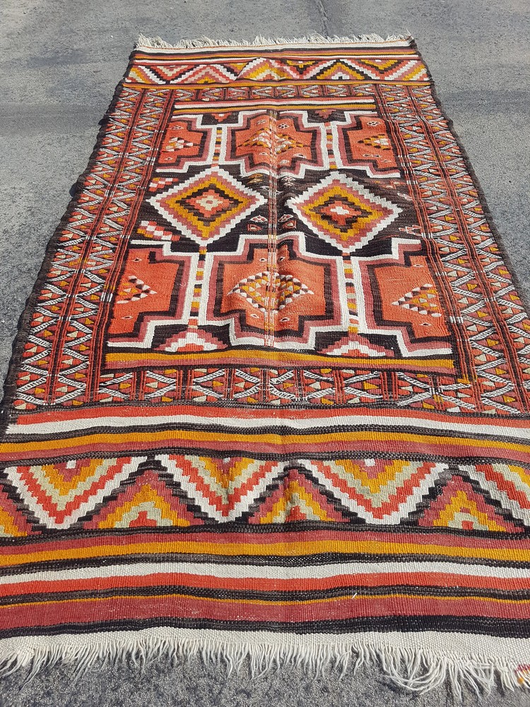 Vintage Traditional Handmade Turkish Wool Multi Kilim Rug 7.3x3.6 ft