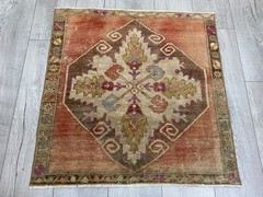 Vintage Turkish Square Rug Oushak Small Terracotta Ivory Tribal Floral 2.5×2.5