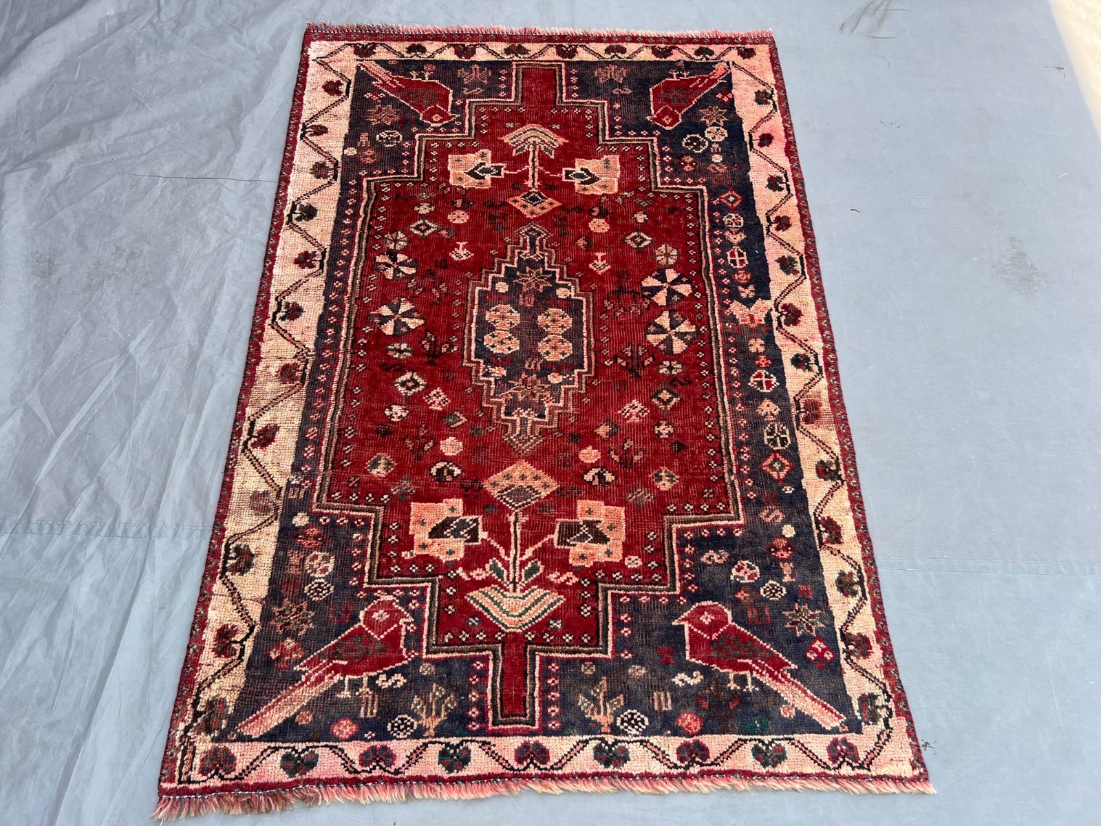 Zanjan Rug 5x6.7 Tribal Geometric Birds Hand Knotted Wool Red Blue Oriental Area gallery