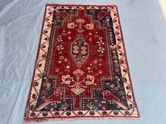 Zanjan Rug 5×6.7 Tribal Geometric Birds Hand Knotted Wool Red Blue Oriental Area