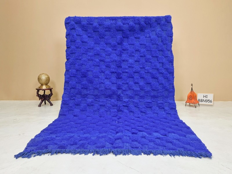 Moroccan Handmade Beniourain Rug 5'2x7'2 Berber Checkered Blue Wool Carpet gallery