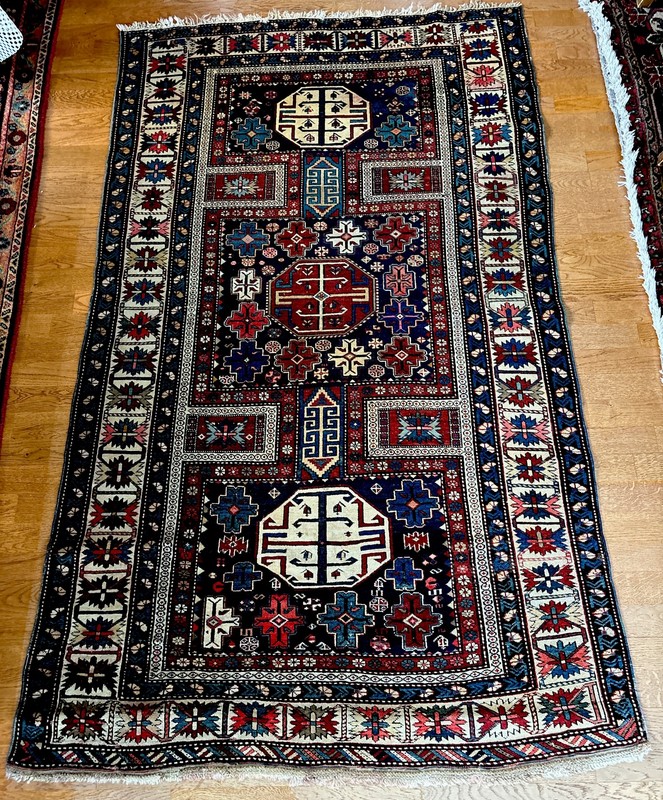 Fine Antique 4 X 7 Caucasian Konagkend Kuba Shirvan Rug Navy Crimson Ivory Rose gallery