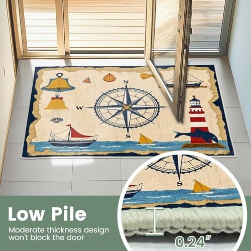 Vintage Nautical Compass Area Rug 5x7ft, Washable Non-Slip Carpet for Living Roo gallery