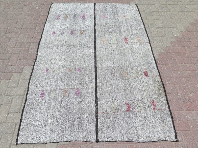Vintage Minimalist Gray Turkish Rug, Handmade Carpet Kelim 57"x88" gallery