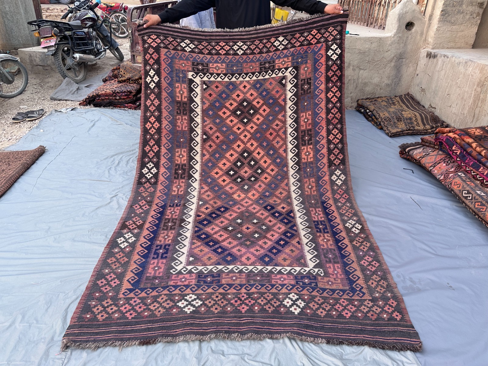 Dusty Pink Navy Faded Kilim Rug 5'1x8' Handmade Afghan Tribal Boho Flatweave gallery