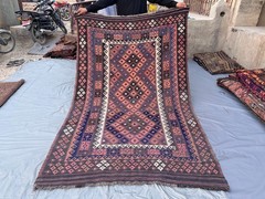 Dusty Pink Navy Faded Kilim Rug 5’1×8′ Handmade Afghan Tribal Boho Flatweave