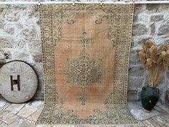 Hand-Woven Turkish Large Rug 6×9 Pale Orange Wool Distressed Carpet Home Decor