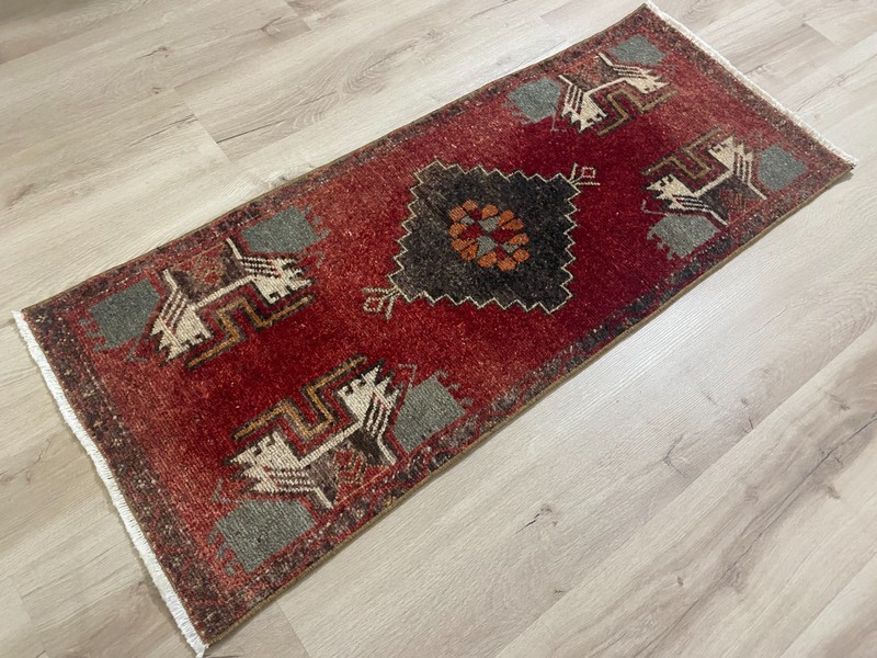 Vintage Anatolian Turkish Rug Handmade Wool Red Hallway Runner 1.6x3.8 Ft gallery