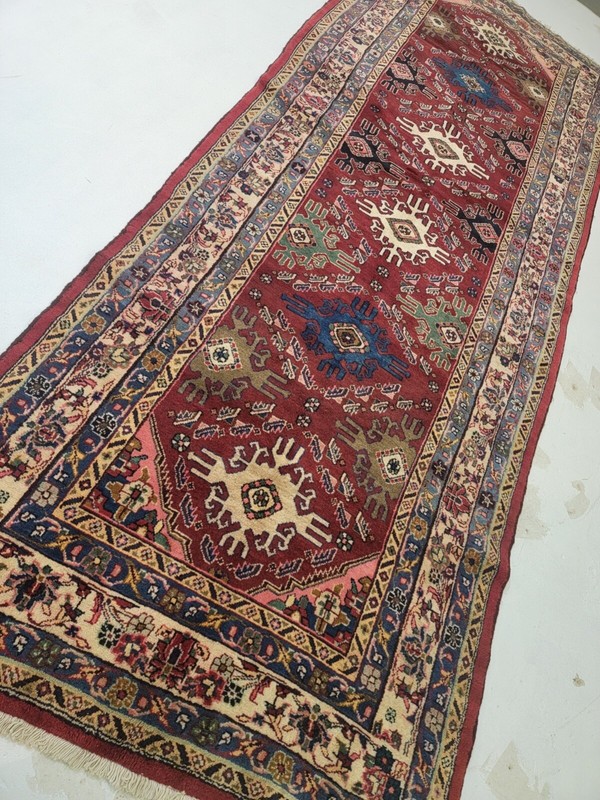 Antique Oriental Hand-Knotted Wool Runner Red/Ivory/Blue/Green 4'5" x 12'8" gallery