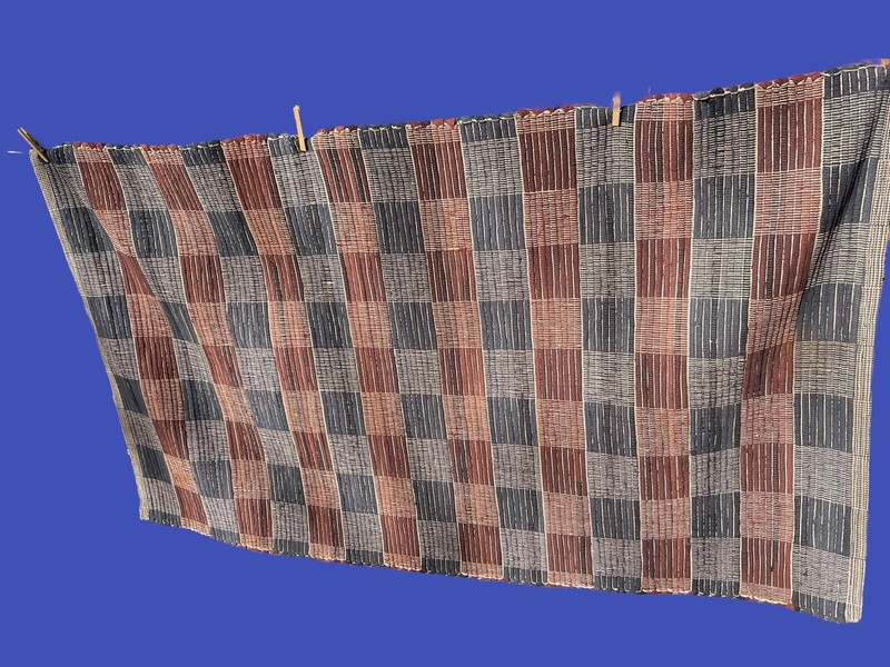 Antique American Wool Hand Woven Area Rug 63” x 37" Rust & Blue Criss Cross Loom gallery
